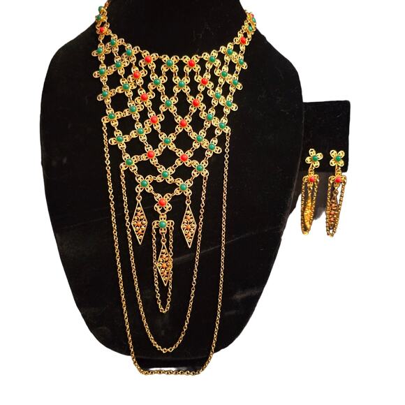 Vintage bib choker necklace and clip on chandelier earrings cabochons swag set